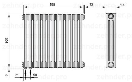 Схема (чертеж) Радиатор Zehnder Charleston 3090/13 №3370 Белый глянцевый RAL 9016